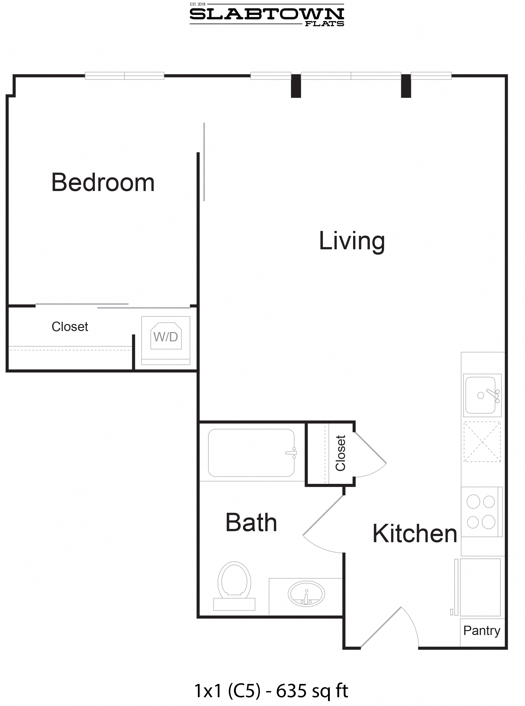Floor plan for 1 bed, 1 bath, 635 sqft